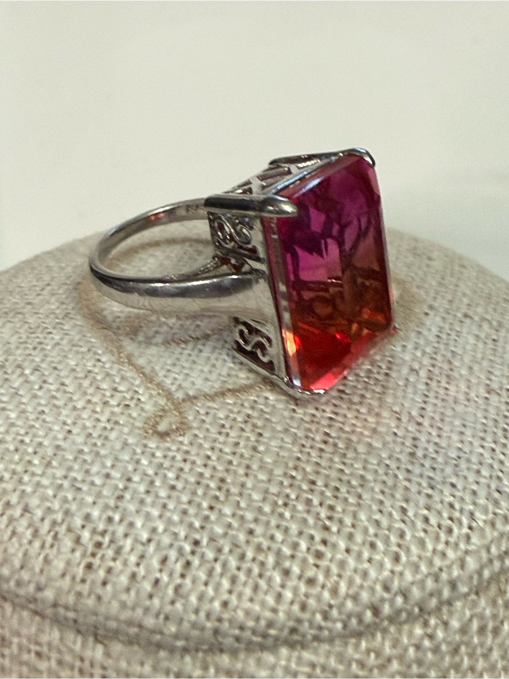 Silver Ring with Large Pink Rectangular Gemstone Size 7